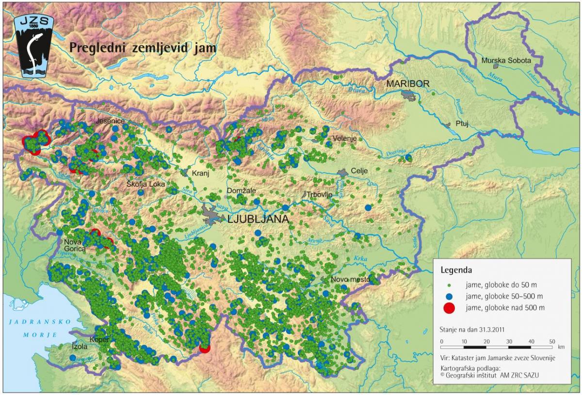 Mapa jaskiń w Słowenii