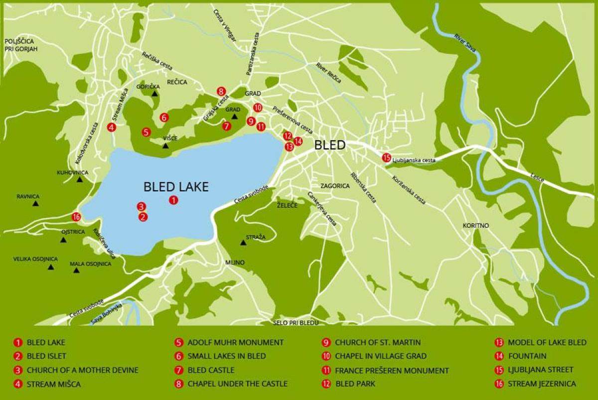 mapa pokazuje jezioro Bled Słowenia