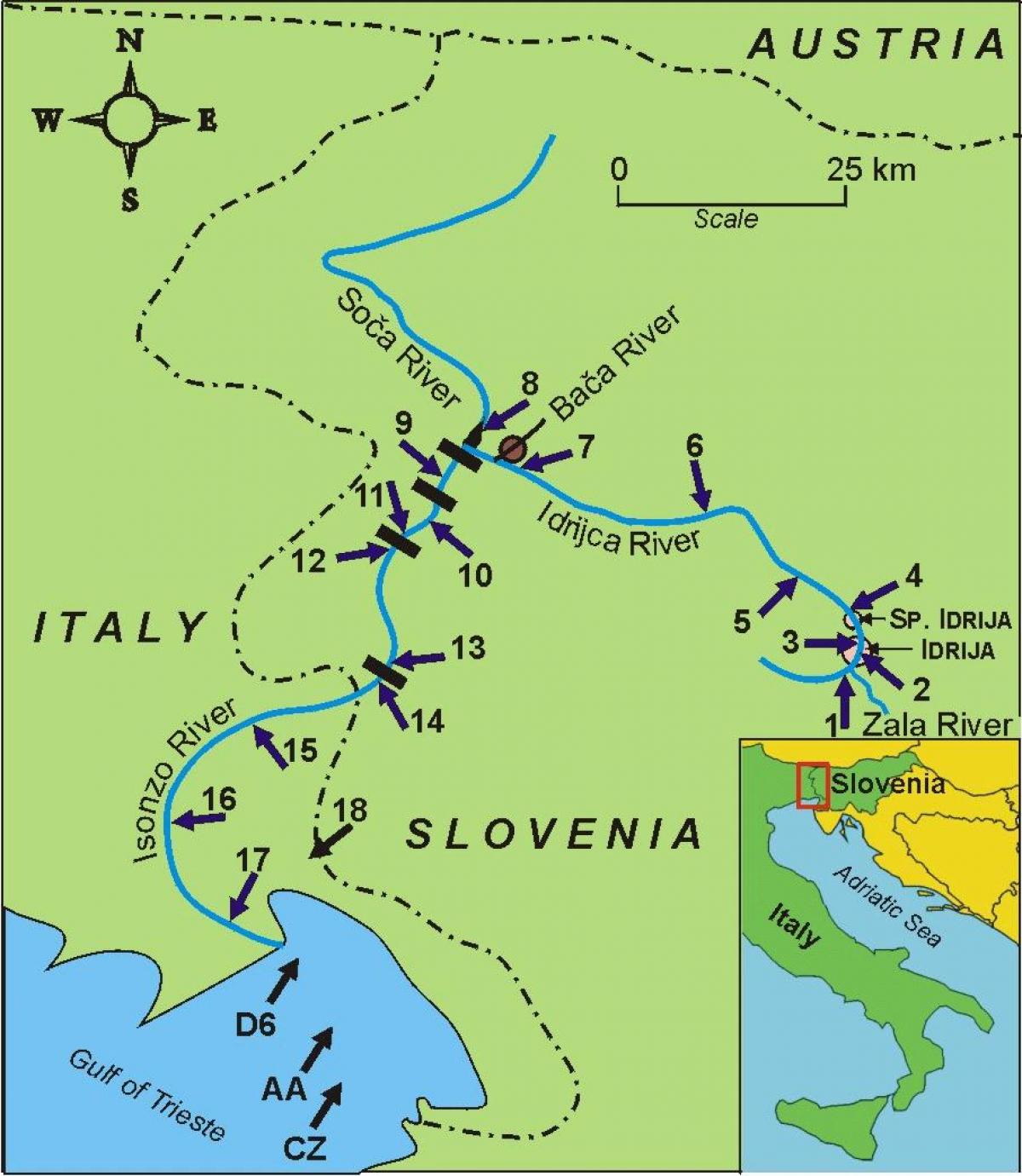 Mapa rzeki soča w Słowenii