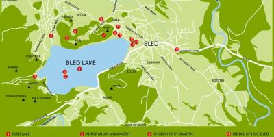Mapa pokazuje jezioro Bled Słowenia